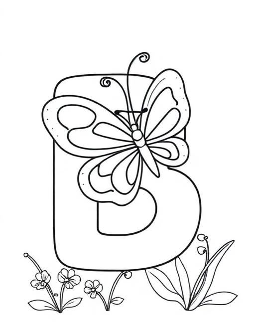Letter B with butterfly illustration for learning and coloring