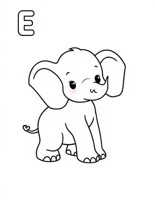 Letter E with elephant illustration for learning and coloring